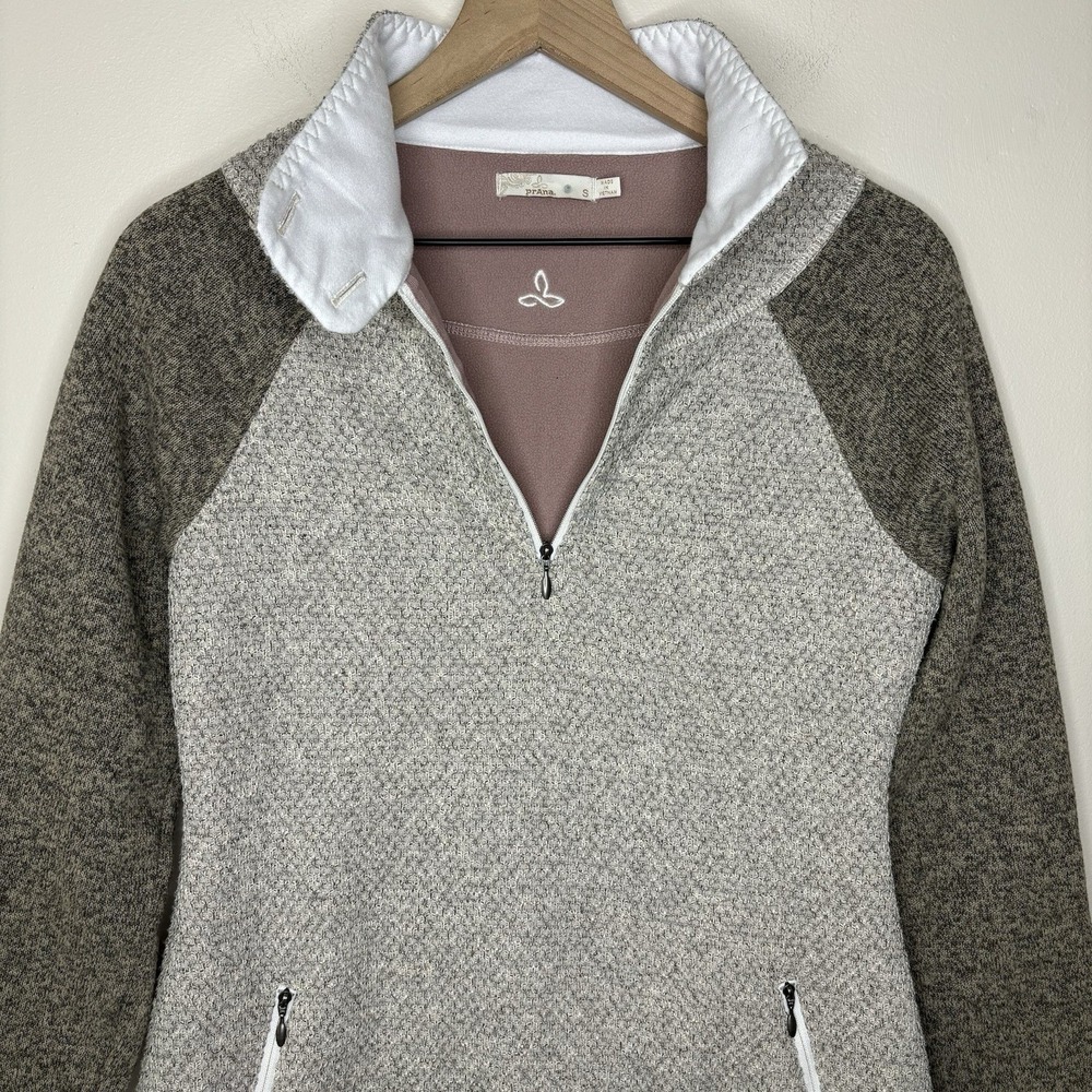 Prana Henley Small Polartec Fleece Sweater Pullover Gray Brown Cowl Mock Neeck - Picture 4 of 11
